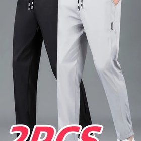 Resim 2 Adet Yazlık Erkekler İçin Buzlu Sliky Fiber Kumaş Tek Renk Uzun Pantolon Nefes Alabilen Rahat Polyester Spor Pantolon 