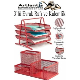 Resim Kırmızı Metal Evrak Rafı 3 Lü Ve Masaüstü Kalemlik 1 Paket Masaüstü A4 Dosya 3 Katlı Düzenleyici Kağıt Tepsisi Metal Kırmızı 