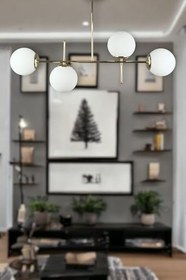 Resim Fer Avize Çello Modern Lüks Tasarım Gold Renk Beyaz Camlı Tavan Yemek Masası Üstü -Salon 4 lü Avize 