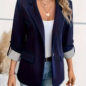 Resim Kadınların Şık Yeşil Blazer'i, Döndürülebilir Kollarıyla - Polyester, Tek Düğmeli, Üç Çeyrek Kollu, Düğmeli, Sonbahar ve İlkbahar Moda Ceketi, Günlük Kıyafet|Şık Blazer|Polyester Blazer 