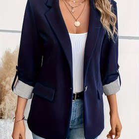 Resim Kadınların Şık Yeşil Blazer'i, Döndürülebilir Kollarıyla - Polyester, Tek Düğmeli, Üç Çeyrek Kollu, Düğmeli, Sonbahar ve İlkbahar Moda Ceketi, Günlük Kıyafet|Şık Blazer|Polyester Blazer 