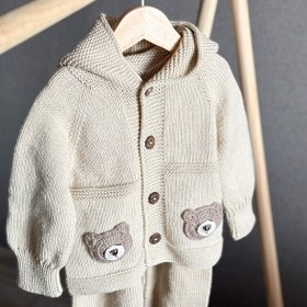 Resim Elörgüsü Kapşonlu Ayıcık Bebek Hırkası - Bej / 6 Ay 