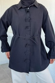 Resim Kadın Bel Bağcıklı Tesettür Gömlek Siyah TZL-P-00021348 