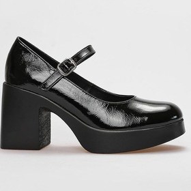 Resim Cabani Hakiki Deri Siyah Rugan Kadın Kalın Topuklu Ayakkabı Siyah 