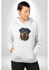 Resim Rottweiler Koca Kafa Kadın Erkek Beyaz Kapüşonlu Sweatshirt Hoodie Beyaz 