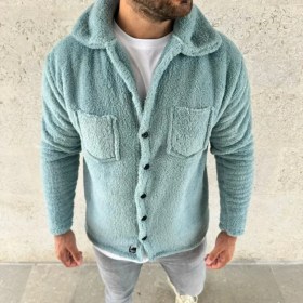 Resim Marsilyan- Erkek Pelüş Polar Hırka Gömlek Yakalı Ilik Düğmeli Göğüs Cepli Yumuşak - Bebe Mavisi 