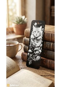 Resim Sanatsal Kedi Ve Çiçek Figürlü Kabartma Dokulu Kitap Ayracı - Mat Siyah Şık Kitap Aksesuarı 