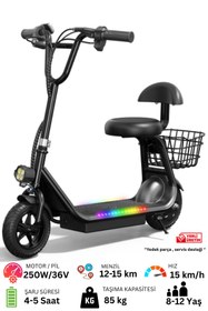 Resim Sportaj Harley Elektrikli Çocuk Scooter Oturaklı Sepetli Led Işıklı 8-12 Yaş 250 W 36V 
