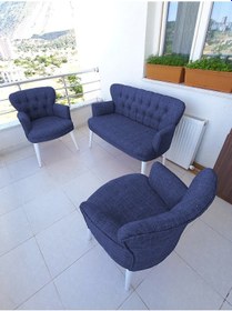 Resim Azra Mobilya Çay Seti Koltuk Takımı - Keten Kumaş - Beyaz Ahşap Ayak - Gürgen Iskelet - Mavi Mavi 