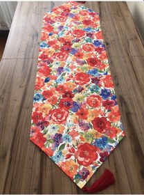 Resim Kırmızı Mavi Sarı Çiçek Desenli Runner Çok Renkli 