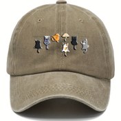 Resim Sevimli kediler ve mantar desenli vintage yıkanmış zeytin yeşili beyzbol şapkası - Ayarlanabilir Snapback, Pamuk, Elde Yıkanabilir, Günlük Giyim için İdeal, Günlük Başlık | Oyuncak Tasarımı | Pamuklu Şapka 