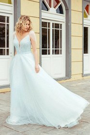 Resim Pearly M Yaka İpek Güpür A Kesim Gelinlik - Aqua Blue / 42 