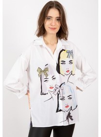 Resim Kadın, Büyük Beden, Kadın Desenli, Yırtmaç Detaylı, Gömlek Çok Renkli 