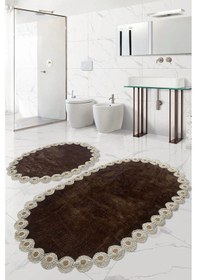 Resim Gülruba Oval Kahve Çeyizlik Dantelli 2'li Banyo Paspası Seti Kaymaz Tabanlı Klozet Takımı 