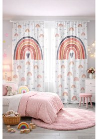 Resim Kız Çocuk Odası Çift Kanatlı Fon Perde Gökkuşağı Bulut Desenli 