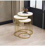 Resim Metal Ayak Mermer Desen Üçlü Gold Sehpa 