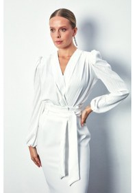 Resim Sateen Parlak Çizgili Bodysuit Bluz - Ekru 