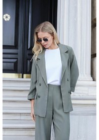 Resim Jument Kadın İpeksi Dokulu Modal Kumaş Yakalı Cep Kapaklı Oversize Salaş Blazer Ceket-haki 