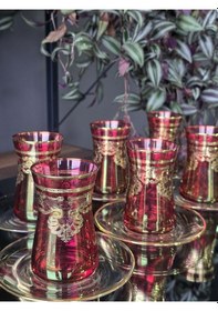 Resim Konyax Çay Seti 12 Parçalık Elızabeth Kırmızı Lüsterli Renkli 