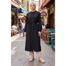 Resim Modestim Kadın Tesettür Uzun Tunik Hakim Yaka Boydan Düğmeli Belden Bağlamalı Rahat Kalıp Günlük Şık 120 cm Uzun Tesettür Tunik 