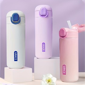 Resim Şık Tasarım, Kapaklı Paslanmaz Çelik Yalıtımlı Spor Su Kabı - Çift Duvarlı, Kırılmaz Seyahat Kupası, Dış Mekan Koşu, Bisiklet & Kamp için - Pipet Dahil, Sadece Elde Yıkama 