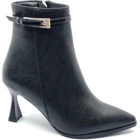 Resim Feles Yanı İnce Taş Tokalı Klasik Sivri Burun Topuklu Kadın Bot Siyah 