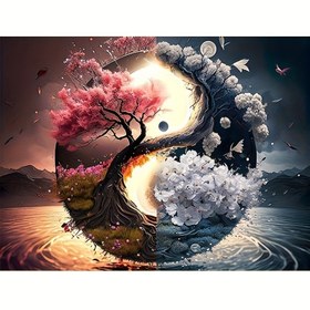 Resim 5D Elmas Boyama Kiti, Yuvarlak Elmas Sanat Nakışı Haç İşi, Akrilik Bitki Temalı Duvar Dekorasyonu El Sanatı, Ev Dekorasyonu ve Sürpriz Hediye için 20x30cm Ağaç Desenli Elmas Boyama Seti 