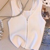 Resim Avrupa ve Amerikan İlkbahar/Yaz Yeni Moda Sahte İki Parçalı Fermuarlı Spagetti Askılı Crop Top Örgü Giysi 