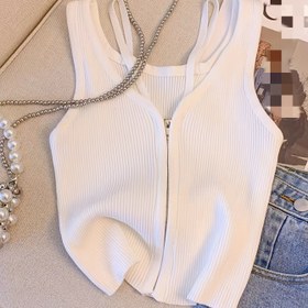 Resim Avrupa ve Amerikan İlkbahar/Yaz Yeni Moda Sahte İki Parçalı Fermuarlı Spagetti Askılı Crop Top Örgü Giysi 