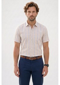 Resim Tudors Erkek Regular Fit Klasik Kesim Oversize %100 Pamuk Keten Doku Tek Cepli Çizgili Kısa Kollu Bej Gömlek-42419 