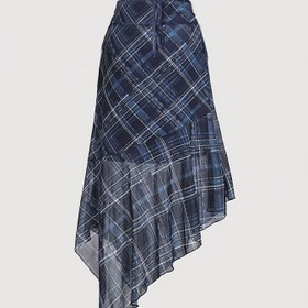 Resim Kadınlar için Lacivert Ekose Asimetrik Etek - 90'ların Vintage Gotik Tarzı Yarı Şeffaf Esnek Makinede Yıkanabilir Bahar/Yaz Düğünleri, Partiler, Ofis & Günlük Kıyafetler, Düğün Misafiri Giysisi, Zarif Kumaş 
