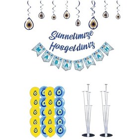 Resim Sünnetimize Hoşgeldiniz Ve Maşallah Banner, Tavan Süs Ve 2 Balon Standı Ve 20 Sarı Mavi Balon Mavi 
