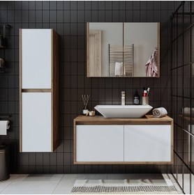 Resim ROOMART Lavabolu Ahşap Mat Beyaz Mdf 100 cm Banyo Dolabı + Aynalı Banyo Üst Dolabı + Boy Dolabı 