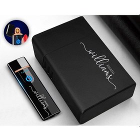 Resim Bk Gift Kişiye Özel Siyah Sigara Tabakası ve Elektronik Dokunmatik Alevsiz Şarjlı Çakmak Seti 1 