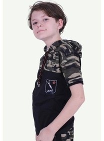 Resim Panios Kids Kapşonlu Kamuflaj Desen Erkek Çocuk T-shirt Haki Yeşil 