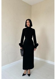 Resim Siyah Kolları Güllü Triko Elbise Siyah 