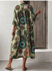 Resim Efnaz Style Kadın Kısa Kollu Önü Açık Belden Kuşaklı Uzun Kimono Yeşil 