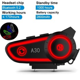 Resim Motosiklet Bluetooth Kask Kulaklık A30 Interkom, Bluetooth 5.2, Su Geçirmez Intercom 3 LED Işık 
