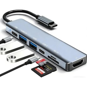 Resim Daytona Ch-13/c Macbook Uyumlu 6ın1 Type-C To 2* USB 3.0 Sd Tf 4K Hd 1080P HDMI Pd Kart Okuyucu Çevirici Adaptör 