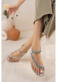 Resim Khayt Beauty Anatomik Parmak Arası Taşlı Günlük Kadın Sandalet Gümüş 