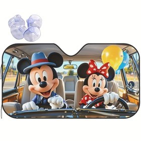 Resim Disney Mickey ve Minnie çizgi film tarzı araba ön cam güneş gölgelik, 4 adet kolay takılabilen vantuzlu - Premium UV koruma, Katlanabilir, Arabada serin ortamı iyileştirir, Erkekler ve kadınlar için ideal araç aksesuarları 