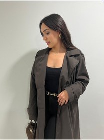 Resim Kadın Kemerli Uzun Trençkot Su Geçirmez, Astarlı, Oversize Model Siyah 
