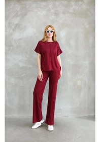 Resim Osy Modal Yumuşak Dokulu Kumaş Bisiklet Yaka Kısa Kollu Takım - Bordo Siyah 