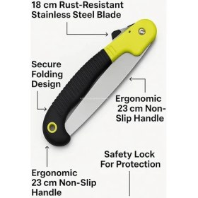 Resim Katlanır Budama Testeresi, 18 cm Paslanmaz Çelik Bıçak, 23 cm Kaymaz Ergonomik Sap, Güvenlik Kilitli, Ağaç Dalı Kesim ve Bahçe Kullanımı Için Pratik El Testeresi 
