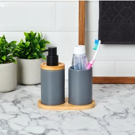 Resim Çılgıntrend Bambu Standlı Seramik Ikili Banyo Seti 