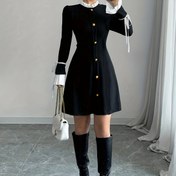 Resim Kadınlar İçin Şık Fiyonk Manyetik Kapama Manşeti ve Yaka Patchwork Siyah & Beyaz Elbise, Parti Kıyafeti, Şık Tasarım, Zarif Görünüm, Detaylı Dikişler, Kaliteli Kumaş Şık Giysi, Çok Amaçlı Şık Elbiseler Moda Tutkunlar Yetişkin 