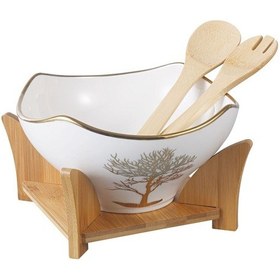 Resim Bambu Standlı Gold Detaylı Porselen Yuvarlak Salata Kasesi Seti Servis Kasesi 