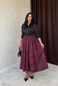 Resim Bordo Leopar Büzgülü Uzun Etek - Bordo / S 