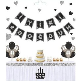 Resim Beysüs Siyah Üstüne Gümüş Gri Yaldızlı İyiki Doğdun Yazılı Karton İpli Yazı Banner 