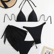 Resim Kadınlar için 4 Parça Set Yaz Yeni Gelişim Basit Siyah Düz Renk Seksi Arkadan Bağlamalı Etekli Bikini 